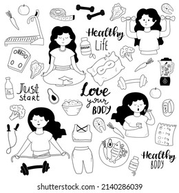 Vector illustration set of doodle healthy lifestyle elements. The concept of diet, fitness, healthy eating, weight loss