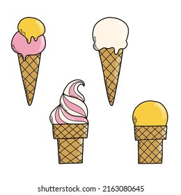 Ilustración vectorial. Poner los helados de doodle aislados en un fondo blanco. Cono de gofre.