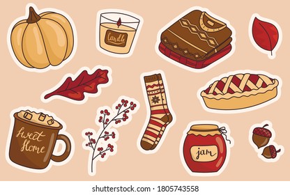 Vector illustration of a set of doodle icons stickers on the autumn theme. Warm colors, cartoon cozy fall style.