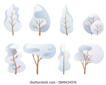 Vector illustration. A set of doodle images. Cartoon trees in a blue palette, snow-covered winter crown of different shapes. Background decoration