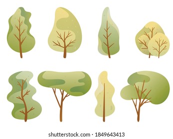 Vector illustration. A set of doodle images. Cartoon trees in a green palette. Crohn and foliage of different shapes. Background decoration