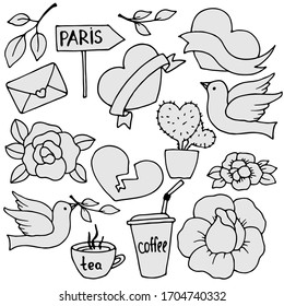 vector illustration, set of doodle style elements, in black, icons, arrows, roses, dove, tea, coffee, cactus, heart, ribbon, isolate on a white background