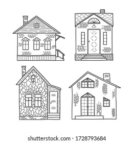 Vector illustration of a set of Doodle-style houses isolated on a white background. One-story architecture. Concept of a residential building. Buying, selling and renting real estate. Outline.