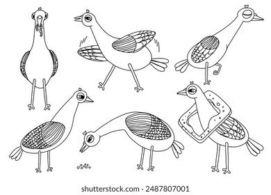 Vector illustration of a set of doves in doodle style on a white background