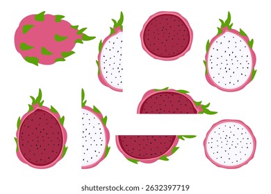 Vector illustration set of dragon fruit with white and red flesh. Available in whole and sliced, isolated on a white background. Perfect for food, packaging, menus, and tropical fruits design.
