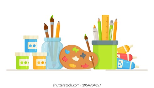 Vector illustration of a set of drawing tools. A set of vector elements of art school education. Items for artistic drawing isolated on a white background.