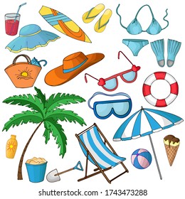 vector illustration, set of drawings for a beach holiday, in a cartoon style in bright colors, vacation at sea, isolate on a white background