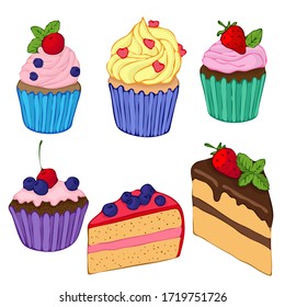 vector illustration, set of drawings in cartoon style, cupcake, sweets, piece of cake, in bright colors, isolate on a white background