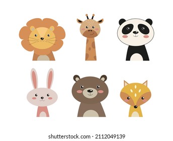 vector illustration set of drawn flat animals on isolated white background. collection of cartoon characters of cute animals, 6 badges, stickers. vector elements for kids