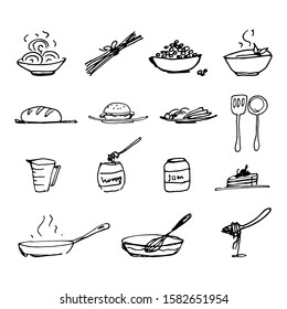 Vector illustration. Set of drawn food icons and kitchenware.