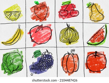 ilustración vectorial, conjunto de frutos dibujados, estilo primitivo, acuarela