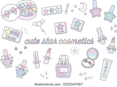 Ilustración vectorial conjunto de cosméticos bonitos y soñadores con estrellas. Cosméticos como botellas de perfume, compactos, labios y uñas.
