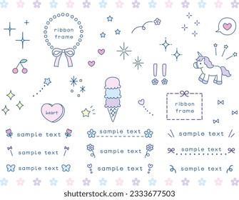 Vector illustration set of dreamy cute decorative icons and frames such as unicorns