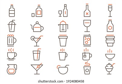 vector illustration of set of drinking wine, water, alcohol, tea, coffee glass collection