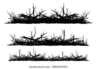 Vector illustration set of dry tree logs, fallen trunks, and tangled dead branches in black silhouette, isolated on a white background.