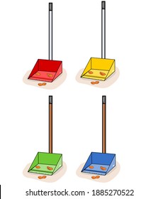 Vector illustration set of a dustpan in the yard holding trash
