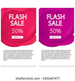 Vector illustration A set of dynamic modern geometric and liquid mobile for flash sales of banners. Purple and red colors, mesh Special offer and sale at a discount of up to 50 on a template design