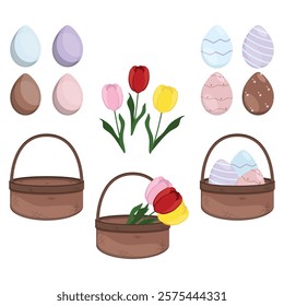 Vector illustration of a set of Easter decorations on a white background.