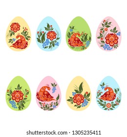Vector illustration, set of easter eggs. Gorodets painting stylization. Russian native floral ornaments