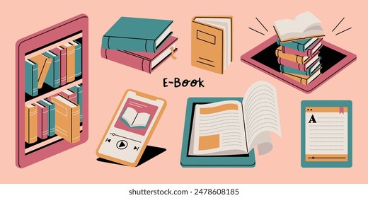 Vector illustration set of e-book related items