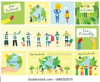 Vector illustration set of ECO backgrounds, Concept of green eco, save the planet concept in the flat style