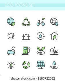 Vector illustration set of eco icons. Ecology concept, green technology, organic, healthy lifestyle, alternative energy, electrocar.