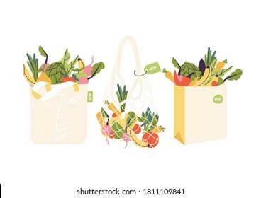 Vector illustration set of eco shopping bags with products. Concept for zero waste, plastic free. Bags full of food from local market or grocery