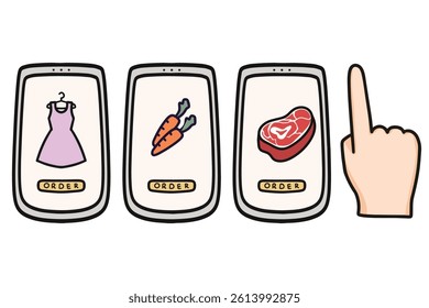 vector illustration of a set of E-Commerce Mobile Screen Set Featuring One-Click Purchase