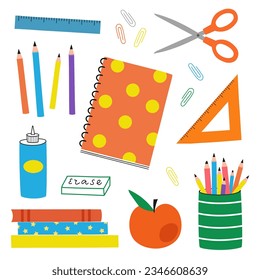 Vector illustration set with education school elements. Pencil, scissors, notepad, eraser, books. Colored sticker pack collection