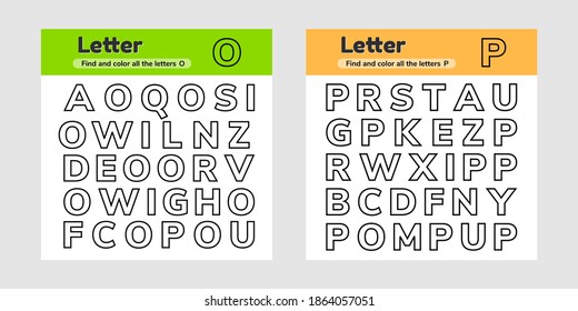 Vector illustration. Set educational worksheets for kids kindergarten, preschool and school age. Letters. Find and color. 
