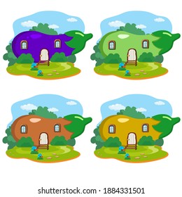 vector illustration set of eggplant fruit house with grass and cloud