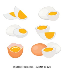 Vector illustration set of eggs in boxes, fried, boiled and cracked in cartoon flat style. Farmer product, organic farm food icons. Poultry production, chicken eggs isolated on white background