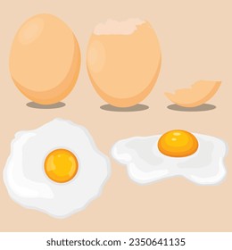 Vector illustration set of eggs in boxes, fried, boiled and cracked in cartoon flat style. Farmer product, organic farm food icons. Poultry production, chicken eggs isolated on white background