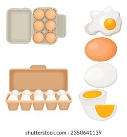 Vector illustration set of eggs in boxes, fried, boiled and cracked in cartoon flat style. Farmer product, organic farm food icons. Poultry production, chicken eggs isolated on white background