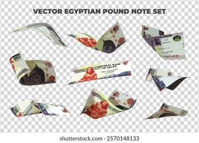 Vector illustration of set of Egyptian pound notes flying in different angles and orientations. Currency note design in Scalable eps format