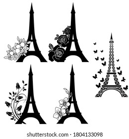 vector illustration, set of eiffel towers with flowers, template, ornament for tattoo, isolate on a white background