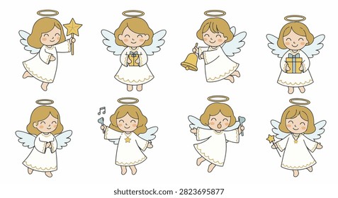 Vector illustration set of eight cute cartoon angel girl characters featuring halos, wings, and white robes. Figures include angels holding stars, gifts, bells, and singing or praying.