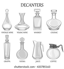 Vector illustration of set of eight decanters of various drinks.