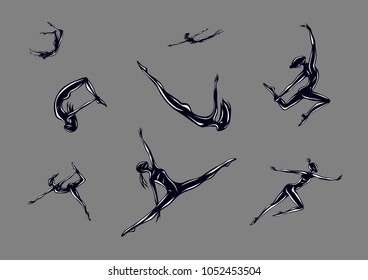 Vector illustration set of eight figures of black silhouette with reflex young gymnasts athletes in poses dance, yoga, fitness fly on a gray background isolate