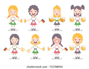 Vector illustration: set of eight funny emotional female characters Traditional Waitress with beer mugs, german flags and brezel in flat style for Oktoberfest decor  isolated on creamy background
