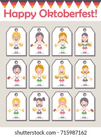 Vector illustration: set of eight funny emotional female characters Traditional Waitress with beer mugs, german flags and brezel in flat style for Oktoberfest decor  isolated on  white stickers.