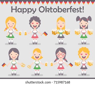 Vector illustration: set of eight funny emotional female characters Traditional Waitress with beer mugs, german flags and brezels in flat style for Oktoberfest decor isolated on grey background
