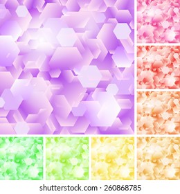 Vector illustration: set of eight glittering confetti backgrounds in warm colors