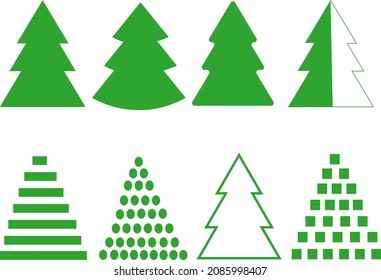 Ilustración vectorial. Establecer. Ocho árboles de navidad С verdes. Árboles de Navidad de formas geométricas: rectángulos, cuadrados, círculos. 