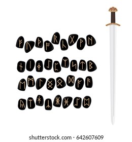 Vector illustration set of Elder Futhark runes and viking sword isolated on white background. Old Norse Scandinavian runes. Germanic letter. Alphabet