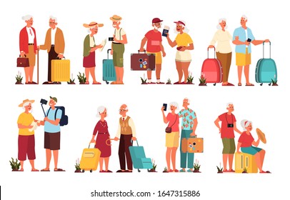 Vector illustration set of elderly tourist with laggage and handbag. Old man and woman with suitcases. Isolated collection of old characters on their journey. Traveling and tourism concept