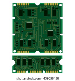 Vector illustration set electric circuit board, various IC chips and electronic components. Green RAM memory chip on white background. Circuit board different isolated