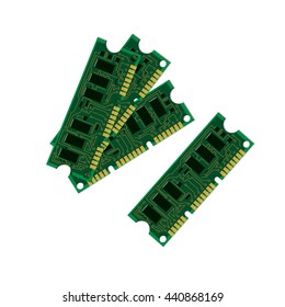 Vector illustration set electric circuit board, various IC chips and electronic components. Green RAM memory chip on white background. Circuit board object isolated