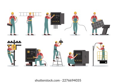 Vector illustration set of electrical workers. Illustration for website, landing page, mobile app, poster and banner. Trendy flat vector illustration