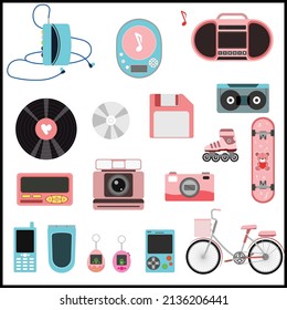 vector illustration set Electronic equipment items tools classic 90s bikes  pagers  game machines CDs tamagots  cameras 